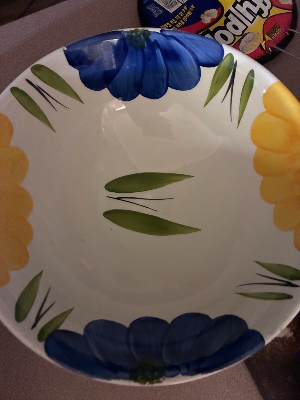 Hand-Painted Floral Ceramic Serving Bowl — Blue & Yellow